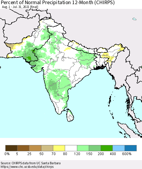 Southern Asia Percent of Normal Precipitation 12-Month (CHIRPS) Thematic Map For 8/1/2020 - 7/31/2021