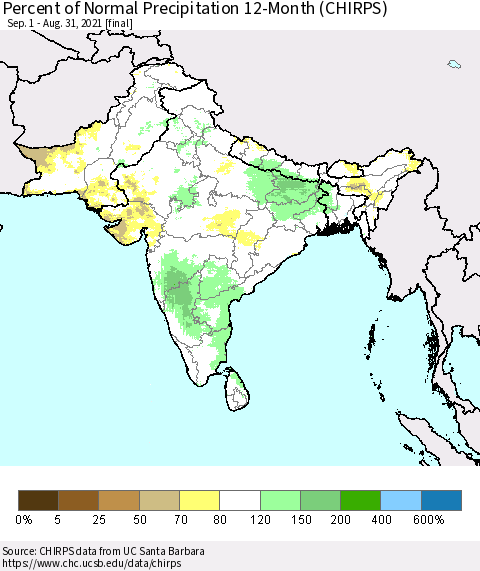 Southern Asia Percent of Normal Precipitation 12-Month (CHIRPS) Thematic Map For 9/1/2020 - 8/31/2021