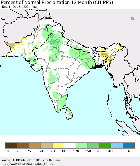 Southern Asia Percent of Normal Precipitation 12-Month (CHIRPS) Thematic Map For 11/1/2020 - 10/31/2021