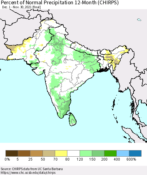 Southern Asia Percent of Normal Precipitation 12-Month (CHIRPS) Thematic Map For 12/1/2020 - 11/30/2021