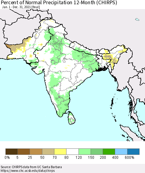 Southern Asia Percent of Normal Precipitation 12-Month (CHIRPS) Thematic Map For 1/1/2021 - 12/31/2021