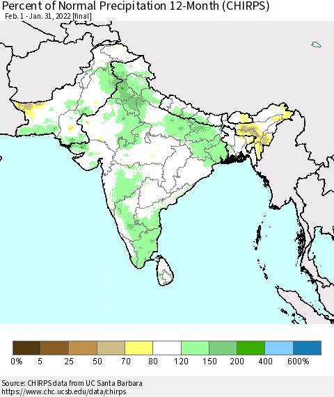 Southern Asia Percent of Normal Precipitation 12-Month (CHIRPS) Thematic Map For 2/1/2021 - 1/31/2022