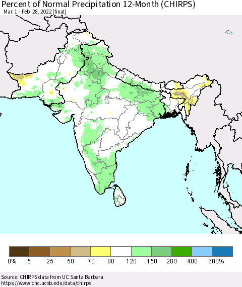 Southern Asia Percent of Normal Precipitation 12-Month (CHIRPS) Thematic Map For 3/1/2021 - 2/28/2022