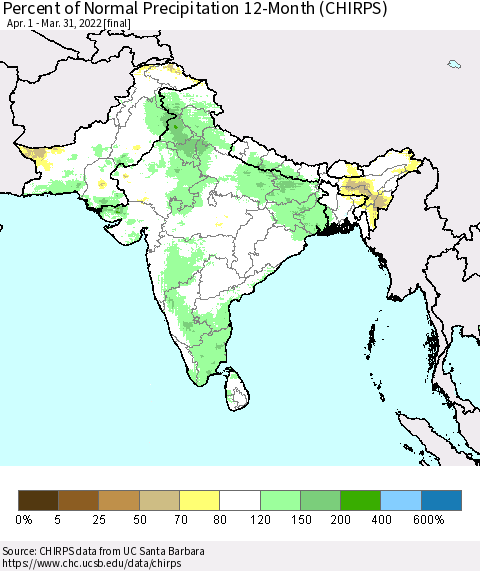 Southern Asia Percent of Normal Precipitation 12-Month (CHIRPS) Thematic Map For 4/1/2021 - 3/31/2022