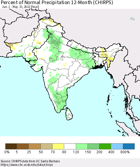 Southern Asia Percent of Normal Precipitation 12-Month (CHIRPS) Thematic Map For 6/1/2021 - 5/31/2022
