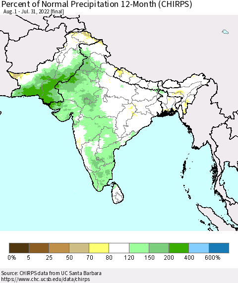 Southern Asia Percent of Normal Precipitation 12-Month (CHIRPS) Thematic Map For 8/1/2021 - 7/31/2022