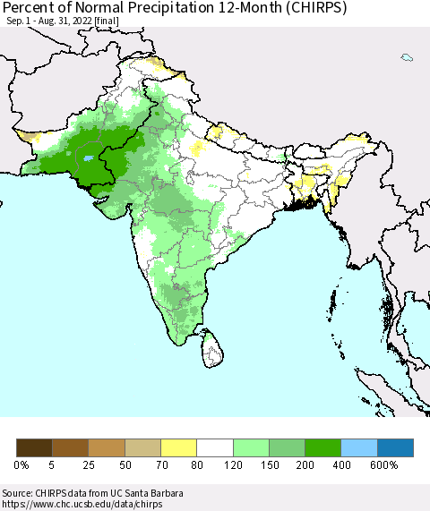 Southern Asia Percent of Normal Precipitation 12-Month (CHIRPS) Thematic Map For 9/1/2021 - 8/31/2022