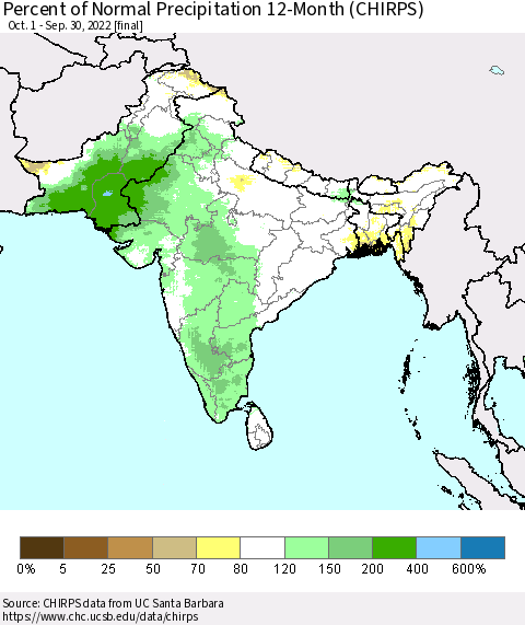 Southern Asia Percent of Normal Precipitation 12-Month (CHIRPS) Thematic Map For 10/1/2021 - 9/30/2022