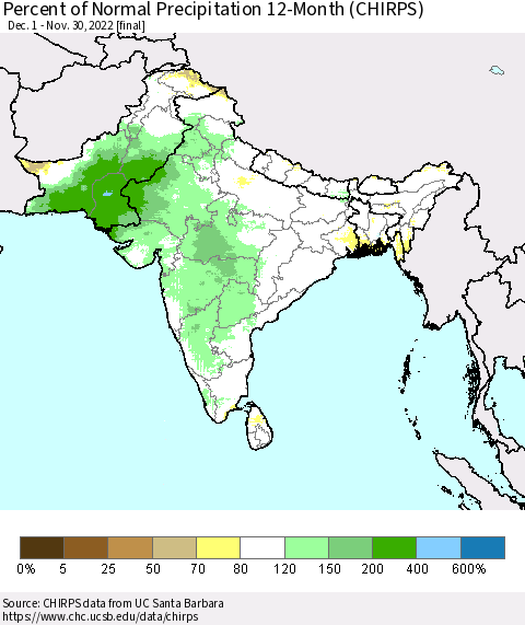 Southern Asia Percent of Normal Precipitation 12-Month (CHIRPS) Thematic Map For 12/1/2021 - 11/30/2022
