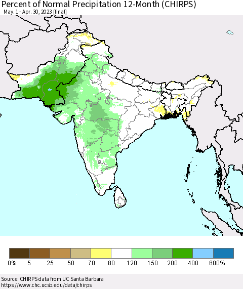 Southern Asia Percent of Normal Precipitation 12-Month (CHIRPS) Thematic Map For 5/1/2022 - 4/30/2023