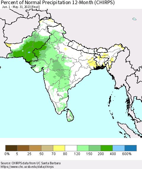 Southern Asia Percent of Normal Precipitation 12-Month (CHIRPS) Thematic Map For 6/1/2022 - 5/31/2023