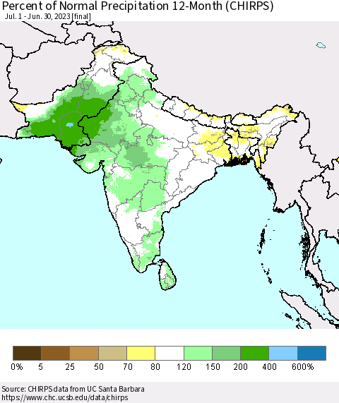 Southern Asia Percent of Normal Precipitation 12-Month (CHIRPS) Thematic Map For 7/1/2022 - 6/30/2023