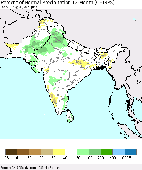 Southern Asia Percent of Normal Precipitation 12-Month (CHIRPS) Thematic Map For 9/1/2022 - 8/31/2023