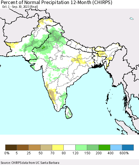 Southern Asia Percent of Normal Precipitation 12-Month (CHIRPS) Thematic Map For 10/1/2022 - 9/30/2023