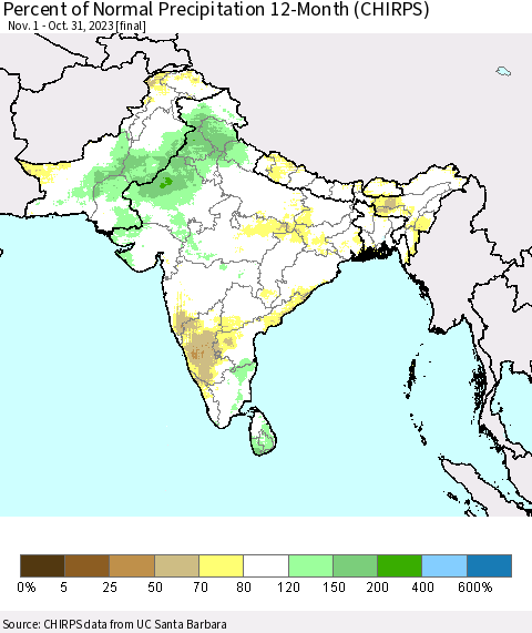 Southern Asia Percent of Normal Precipitation 12-Month (CHIRPS) Thematic Map For 11/1/2022 - 10/31/2023