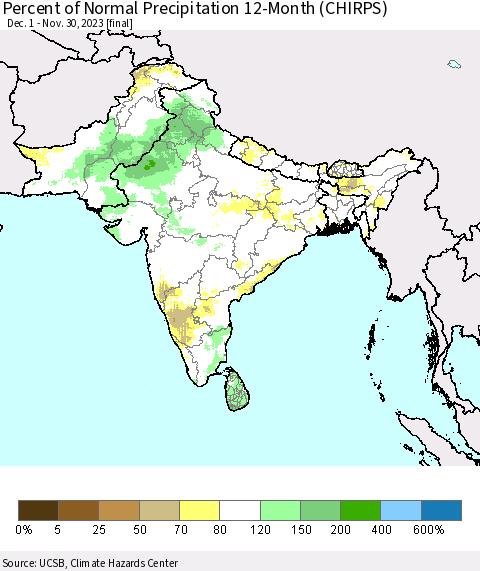 Southern Asia Percent of Normal Precipitation 12-Month (CHIRPS) Thematic Map For 12/1/2022 - 11/30/2023