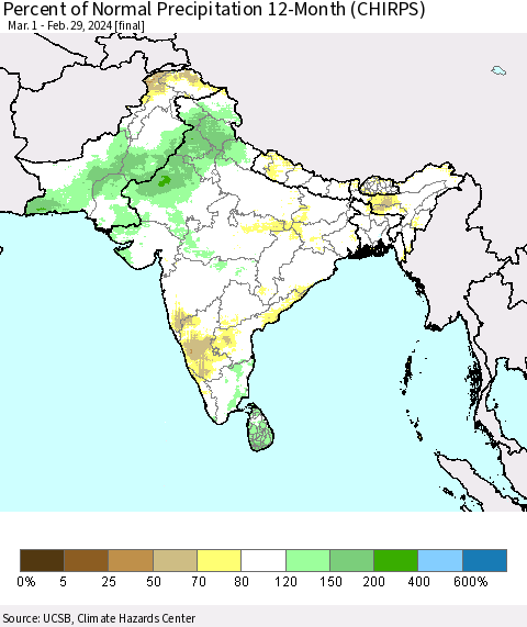 Southern Asia Percent of Normal Precipitation 12-Month (CHIRPS) Thematic Map For 3/1/2023 - 2/29/2024