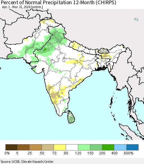 Southern Asia Percent of Normal Precipitation 12-Month (CHIRPS) Thematic Map For 4/1/2023 - 3/31/2024