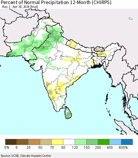 Southern Asia Percent of Normal Precipitation 12-Month (CHIRPS) Thematic Map For 5/1/2023 - 4/30/2024
