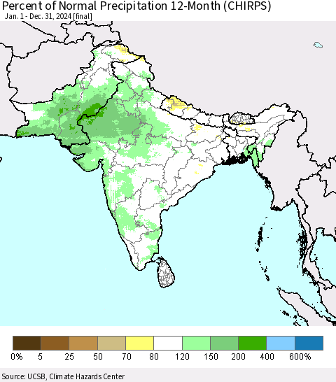 Southern Asia Percent of Normal Precipitation 12-Month (CHIRPS) Thematic Map For 1/1/2024 - 12/31/2024