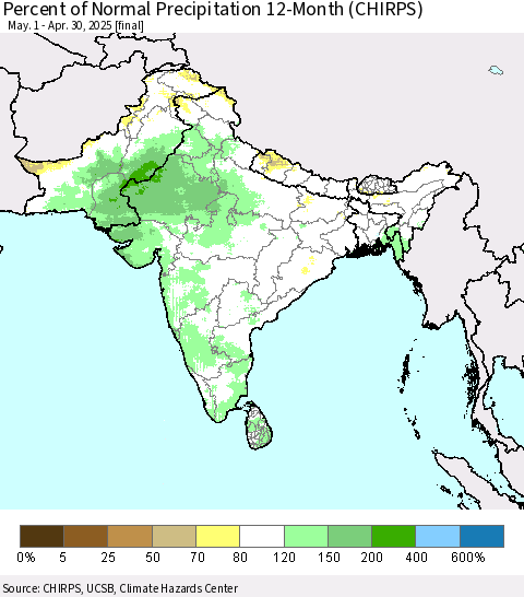Southern Asia Percent of Normal Precipitation 12-Month (CHIRPS) Thematic Map For 5/1/2024 - 4/30/2025