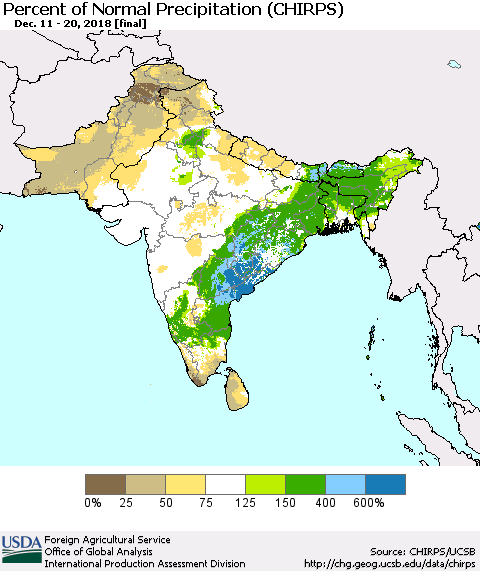 Southern Asia Percent of Normal Precipitation (CHIRPS) Thematic Map For 12/11/2018 - 12/20/2018