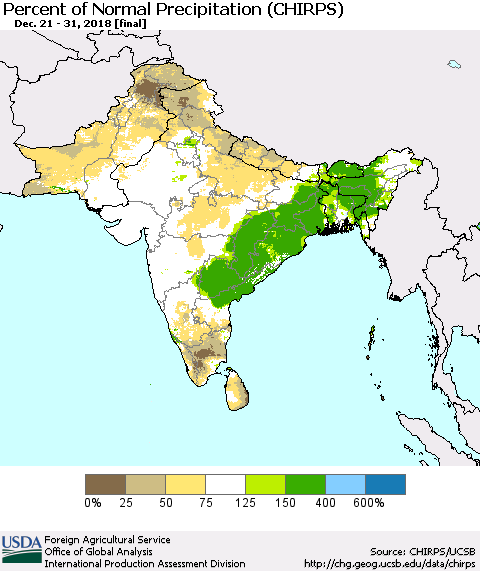 Southern Asia Percent of Normal Precipitation (CHIRPS) Thematic Map For 12/21/2018 - 12/31/2018