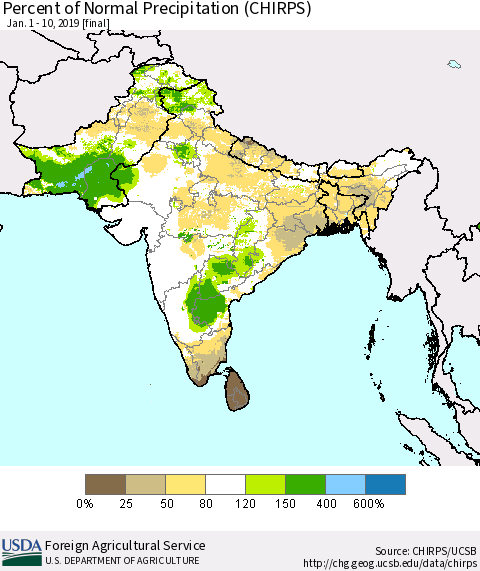 Southern Asia Percent of Normal Precipitation (CHIRPS) Thematic Map For 1/1/2019 - 1/10/2019