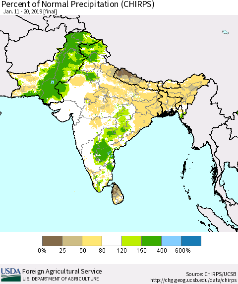 Southern Asia Percent of Normal Precipitation (CHIRPS) Thematic Map For 1/11/2019 - 1/20/2019