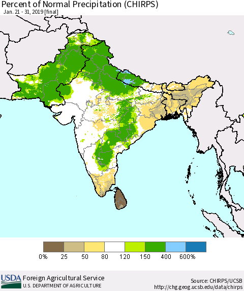 Southern Asia Percent of Normal Precipitation (CHIRPS) Thematic Map For 1/21/2019 - 1/31/2019