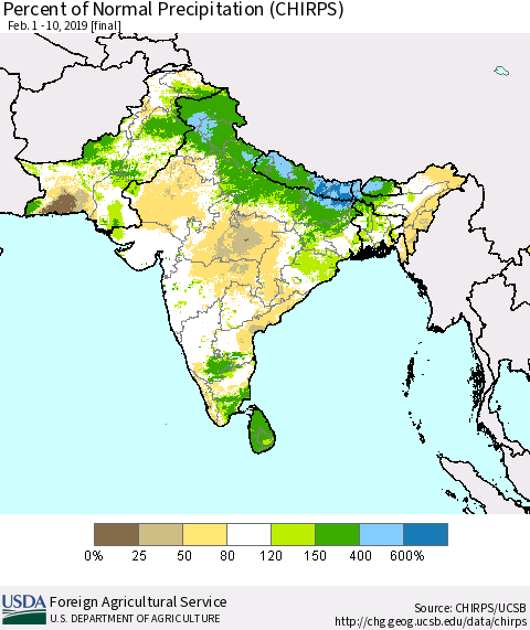 Southern Asia Percent of Normal Precipitation (CHIRPS) Thematic Map For 2/1/2019 - 2/10/2019