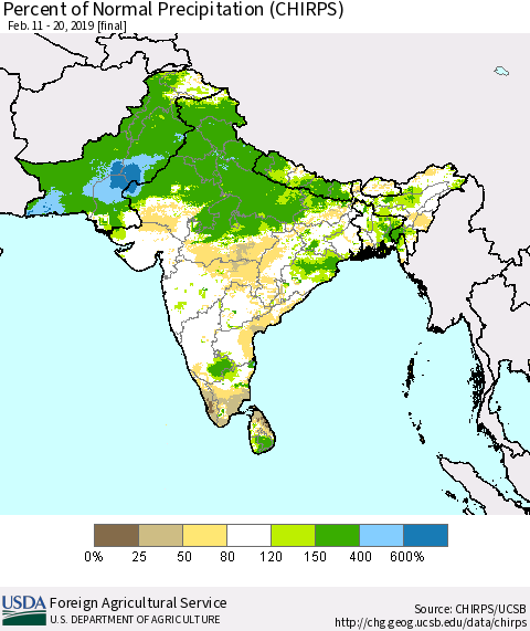 Southern Asia Percent of Normal Precipitation (CHIRPS) Thematic Map For 2/11/2019 - 2/20/2019
