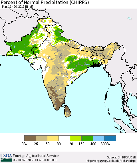 Southern Asia Percent of Normal Precipitation (CHIRPS) Thematic Map For 3/11/2019 - 3/20/2019