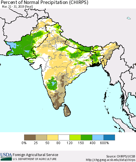 Southern Asia Percent of Normal Precipitation (CHIRPS) Thematic Map For 3/21/2019 - 3/31/2019