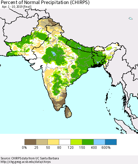 Southern Asia Percent of Normal Precipitation (CHIRPS) Thematic Map For 4/1/2019 - 4/10/2019