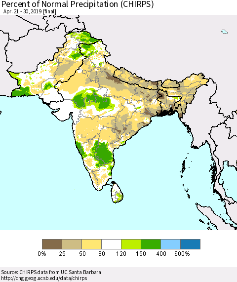 Southern Asia Percent of Normal Precipitation (CHIRPS) Thematic Map For 4/21/2019 - 4/30/2019