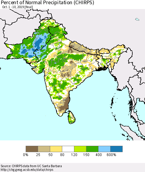 Southern Asia Percent of Normal Precipitation (CHIRPS) Thematic Map For 10/1/2019 - 10/10/2019