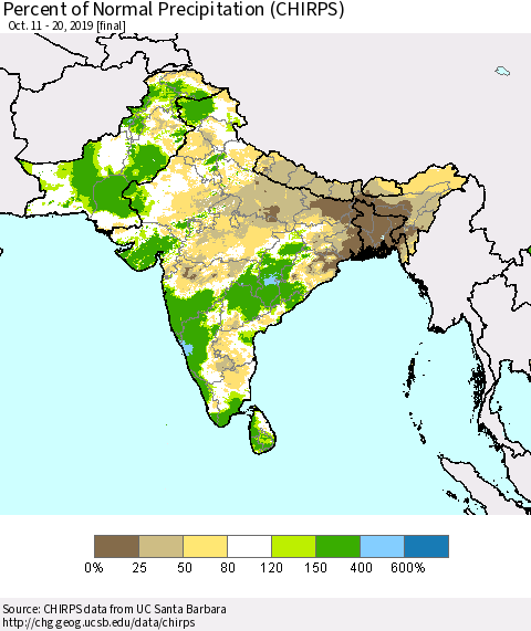 Southern Asia Percent of Normal Precipitation (CHIRPS) Thematic Map For 10/11/2019 - 10/20/2019