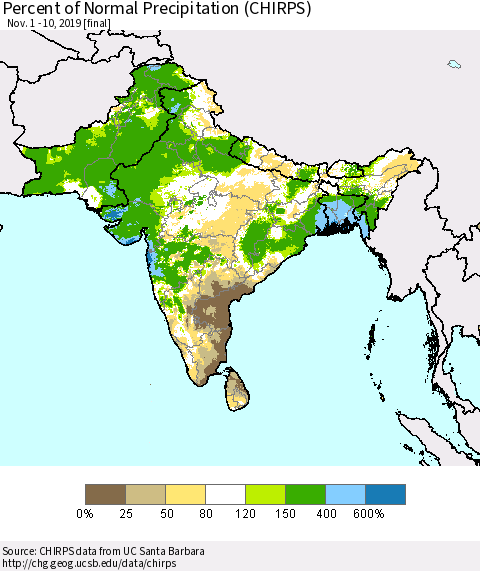 Southern Asia Percent of Normal Precipitation (CHIRPS) Thematic Map For 11/1/2019 - 11/10/2019