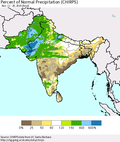 Southern Asia Percent of Normal Precipitation (CHIRPS) Thematic Map For 11/11/2019 - 11/20/2019