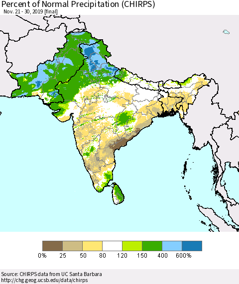 Southern Asia Percent of Normal Precipitation (CHIRPS) Thematic Map For 11/21/2019 - 11/30/2019