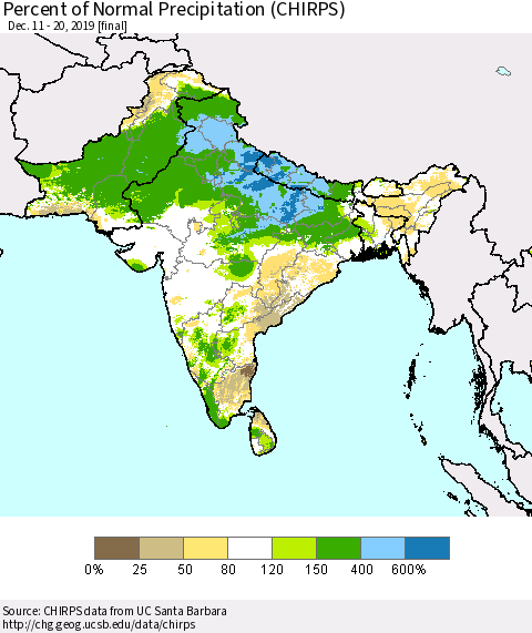 Southern Asia Percent of Normal Precipitation (CHIRPS) Thematic Map For 12/11/2019 - 12/20/2019