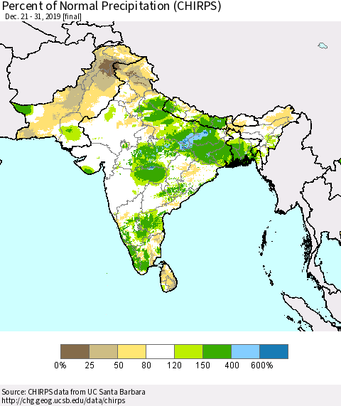 Southern Asia Percent of Normal Precipitation (CHIRPS) Thematic Map For 12/21/2019 - 12/31/2019