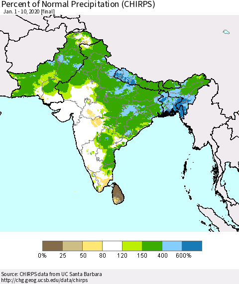 Southern Asia Percent of Normal Precipitation (CHIRPS) Thematic Map For 1/1/2020 - 1/10/2020
