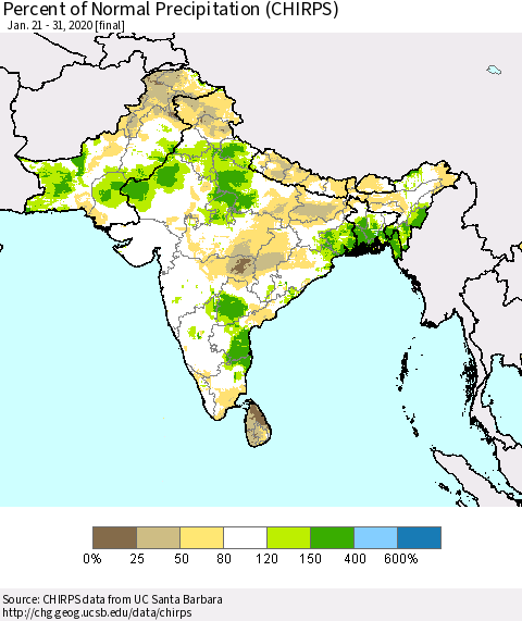Southern Asia Percent of Normal Precipitation (CHIRPS) Thematic Map For 1/21/2020 - 1/31/2020