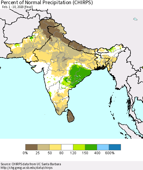 Southern Asia Percent of Normal Precipitation (CHIRPS) Thematic Map For 2/1/2020 - 2/10/2020
