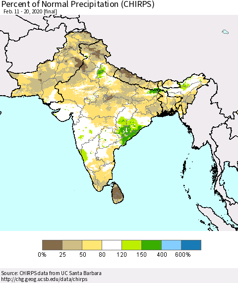 Southern Asia Percent of Normal Precipitation (CHIRPS) Thematic Map For 2/11/2020 - 2/20/2020