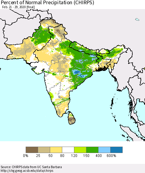 Southern Asia Percent of Normal Precipitation (CHIRPS) Thematic Map For 2/21/2020 - 2/29/2020
