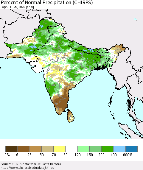 Southern Asia Percent of Normal Precipitation (CHIRPS) Thematic Map For 4/11/2020 - 4/20/2020