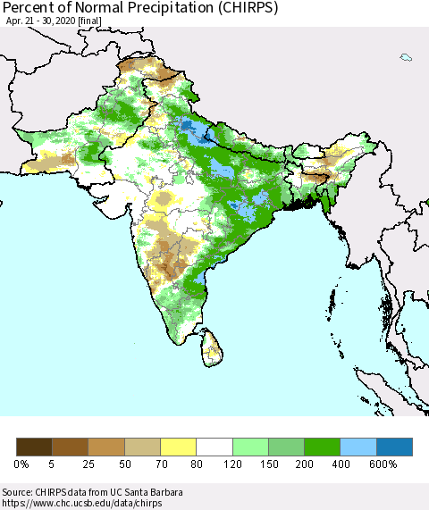 Southern Asia Percent of Normal Precipitation (CHIRPS) Thematic Map For 4/21/2020 - 4/30/2020